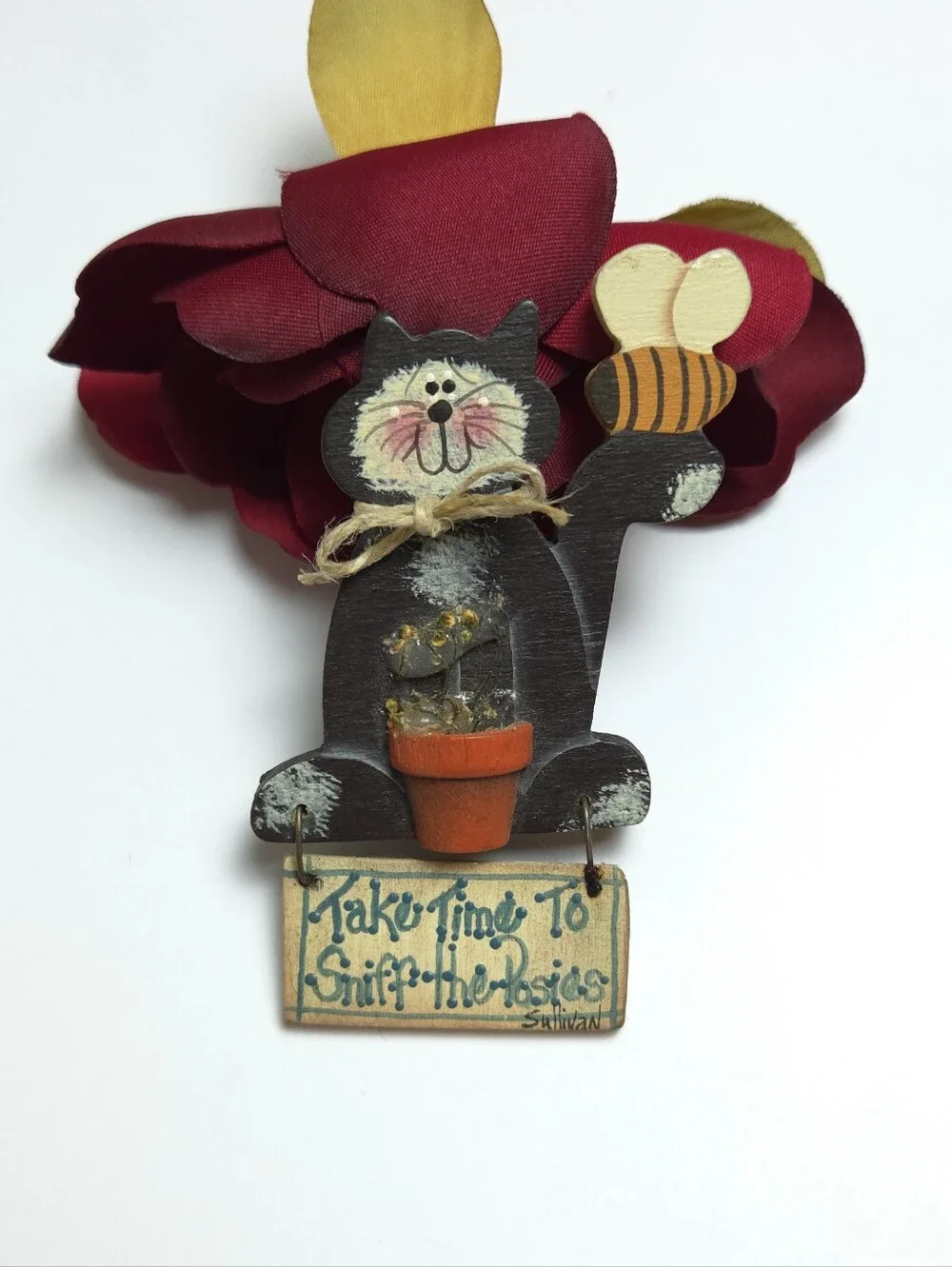 Handmade Wood Black Cat Bee & Flower Pot Take Time To Sniff the Rosies Sullivan
